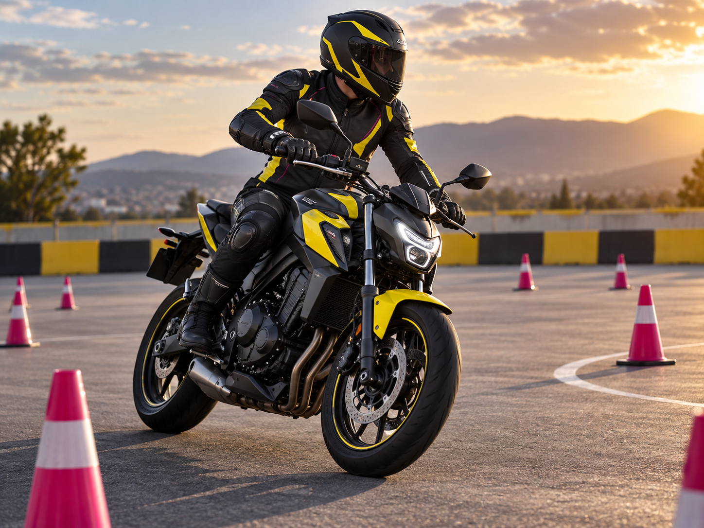 Ilustración de motorista practicando con una moto en circuito